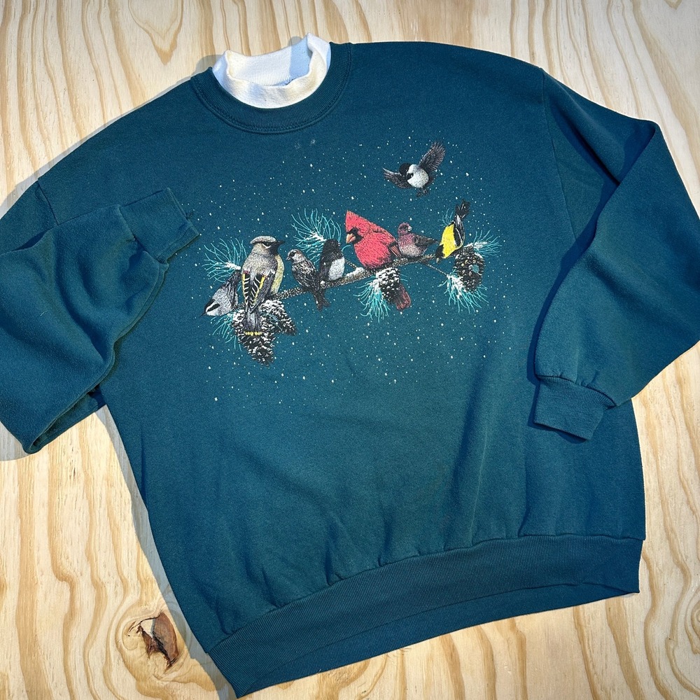 Jerzees Mens Vintage Winter Birds Cardinal Mock Neck Double Collar Sweatshirt XL